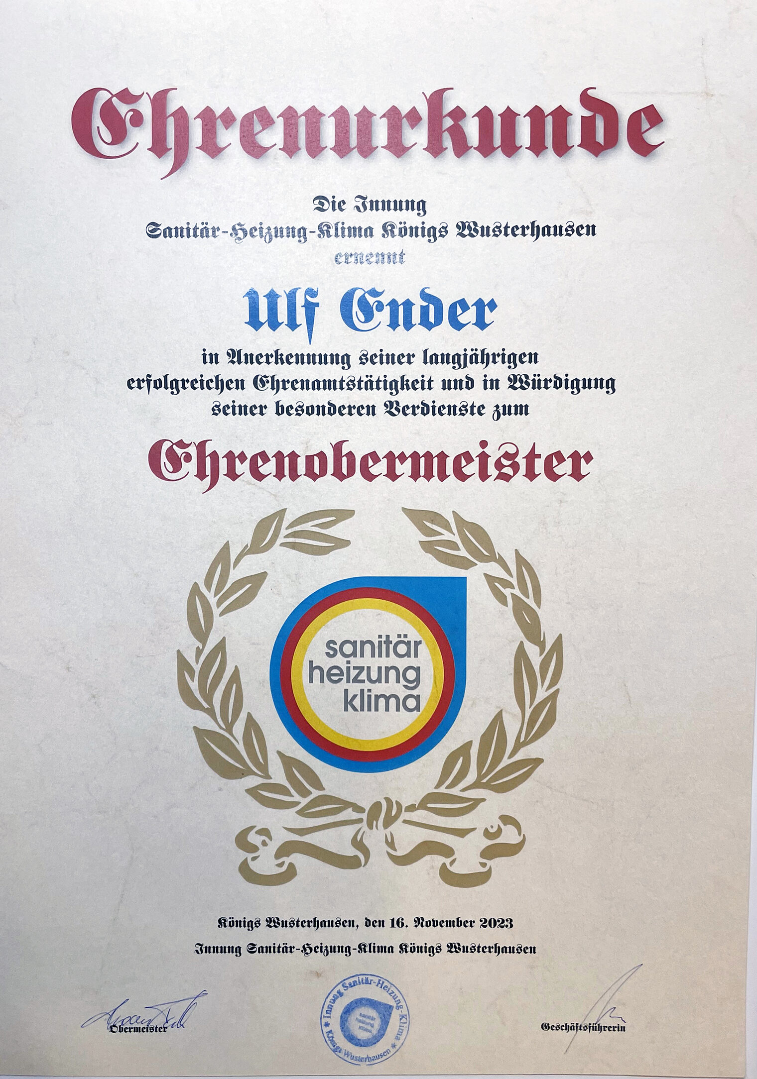 Ehrenobermeister Urkunde Ulf Ender