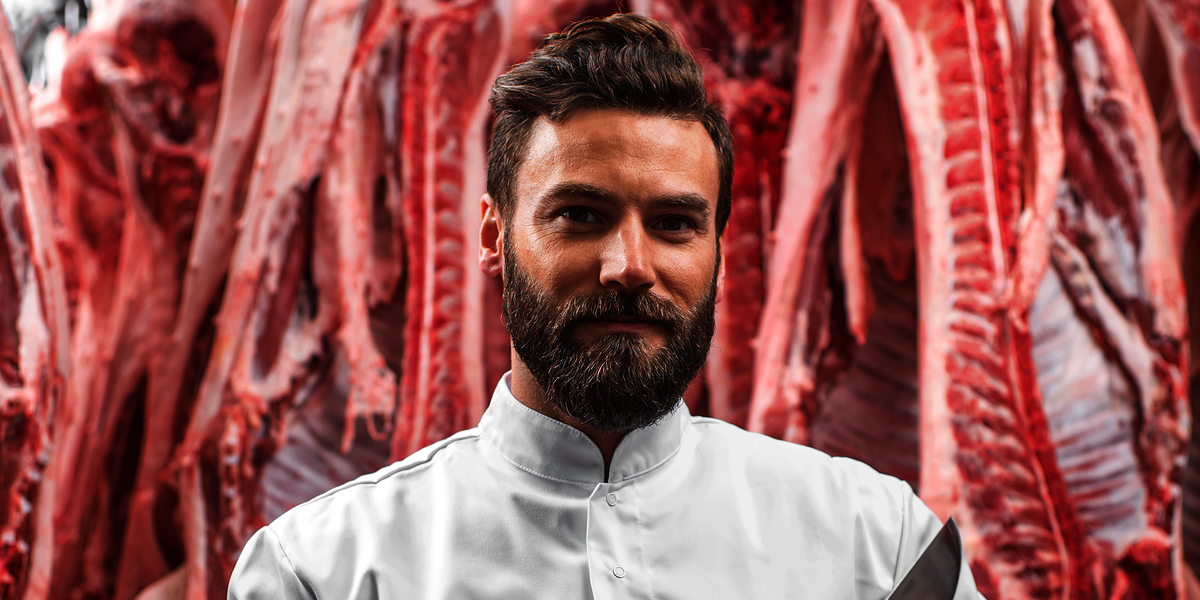 Fleischer,Bart,Model,Fleischerei,Mann steht vor Fleisch,Handwerk,Fleischerei,Metzger,Fleischer Meisterschule