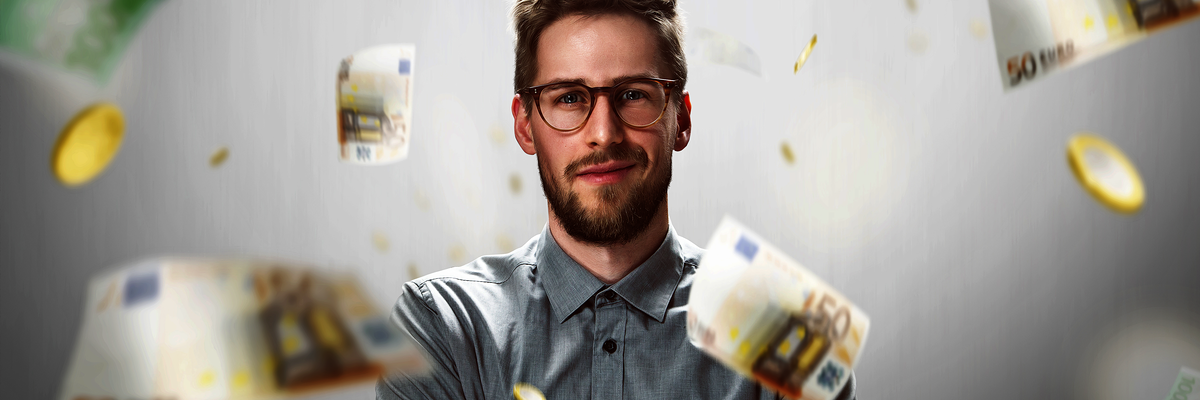 Mann um den Geld schwebt,Geld,kaufmännisch,Finanzen,Finanzierung